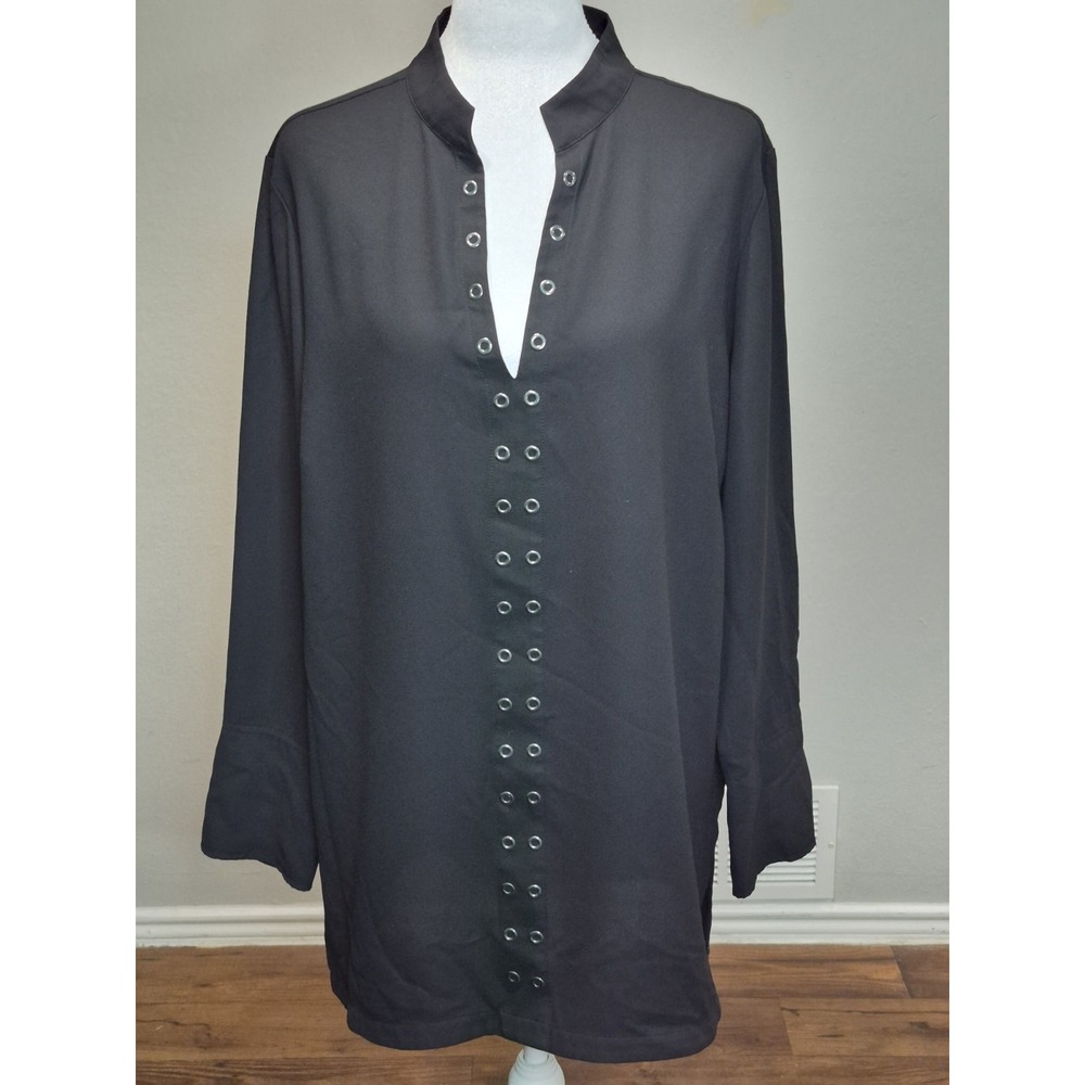 Ming Wang Black Grommets Embellished Tunic Blouse Size Medium Black Sheer Modest